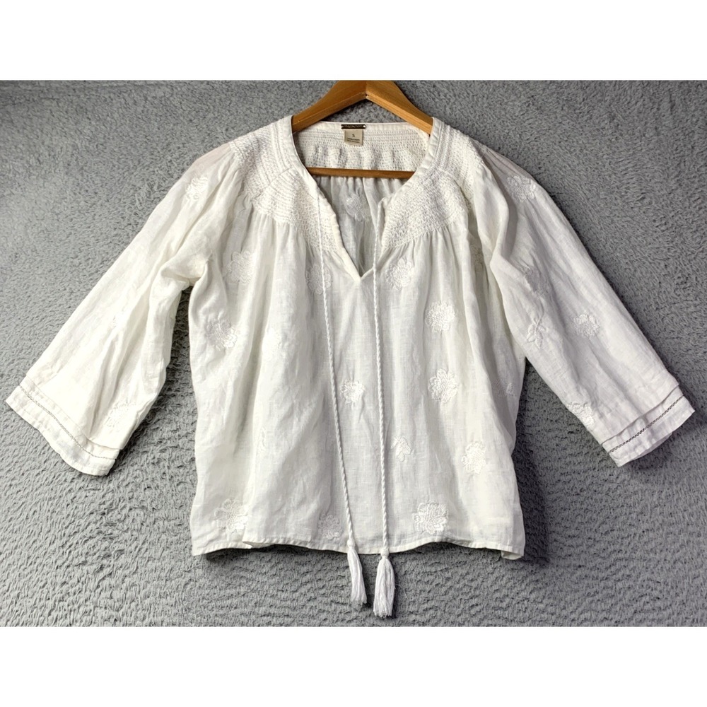 Magaschoni Top Womens Size Small White 3/4 Sleeve 100% Linen Embroidered Crop